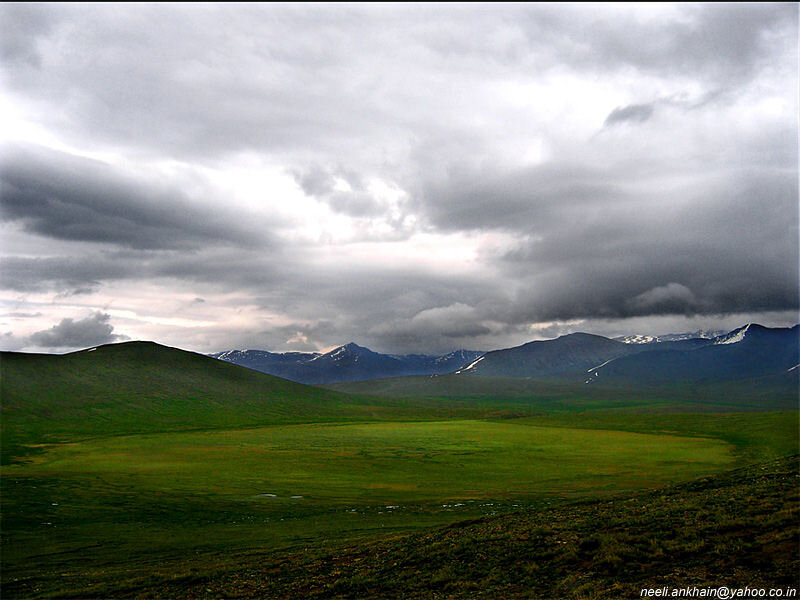 Green Meadow with Mountains — Dramatic, Photograph