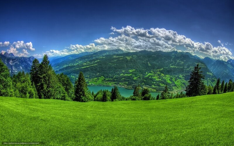 Green Meadow with Mountains — Serene, Afternoon, Photograph, Lake, Trees, Clouds