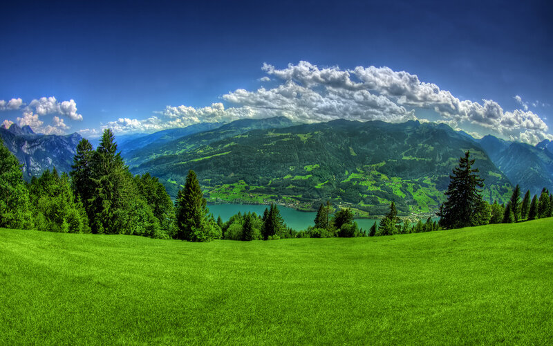 Green Meadow with Mountains — Serene, Afternoon, Photograph, Trees, Lake