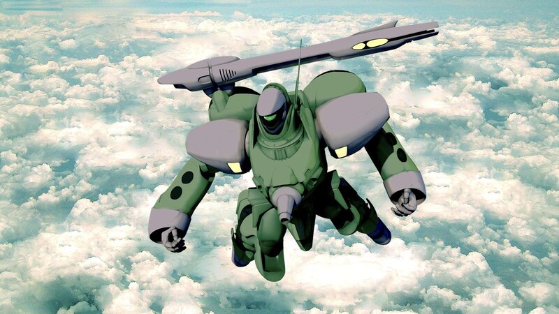 green mech in the clouds