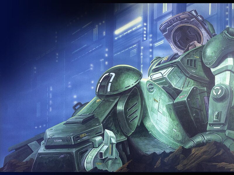 Green mecha in a futuristic city