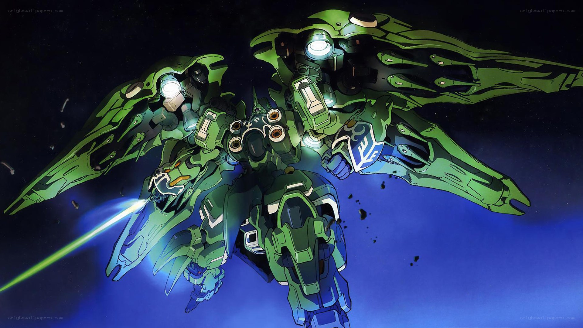 Green mecha in space combat