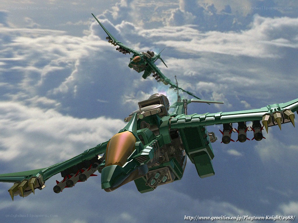 Green mecha jets in combat