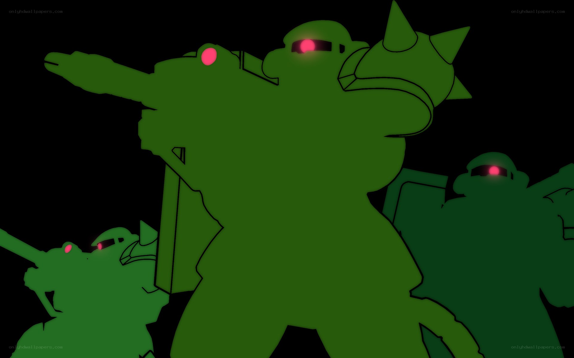 green mechs with red eyes