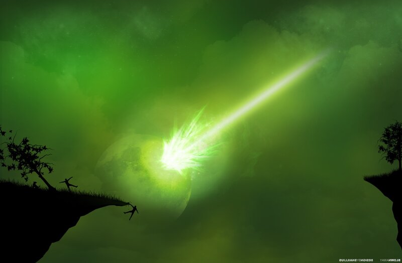Green meteor over cliffs