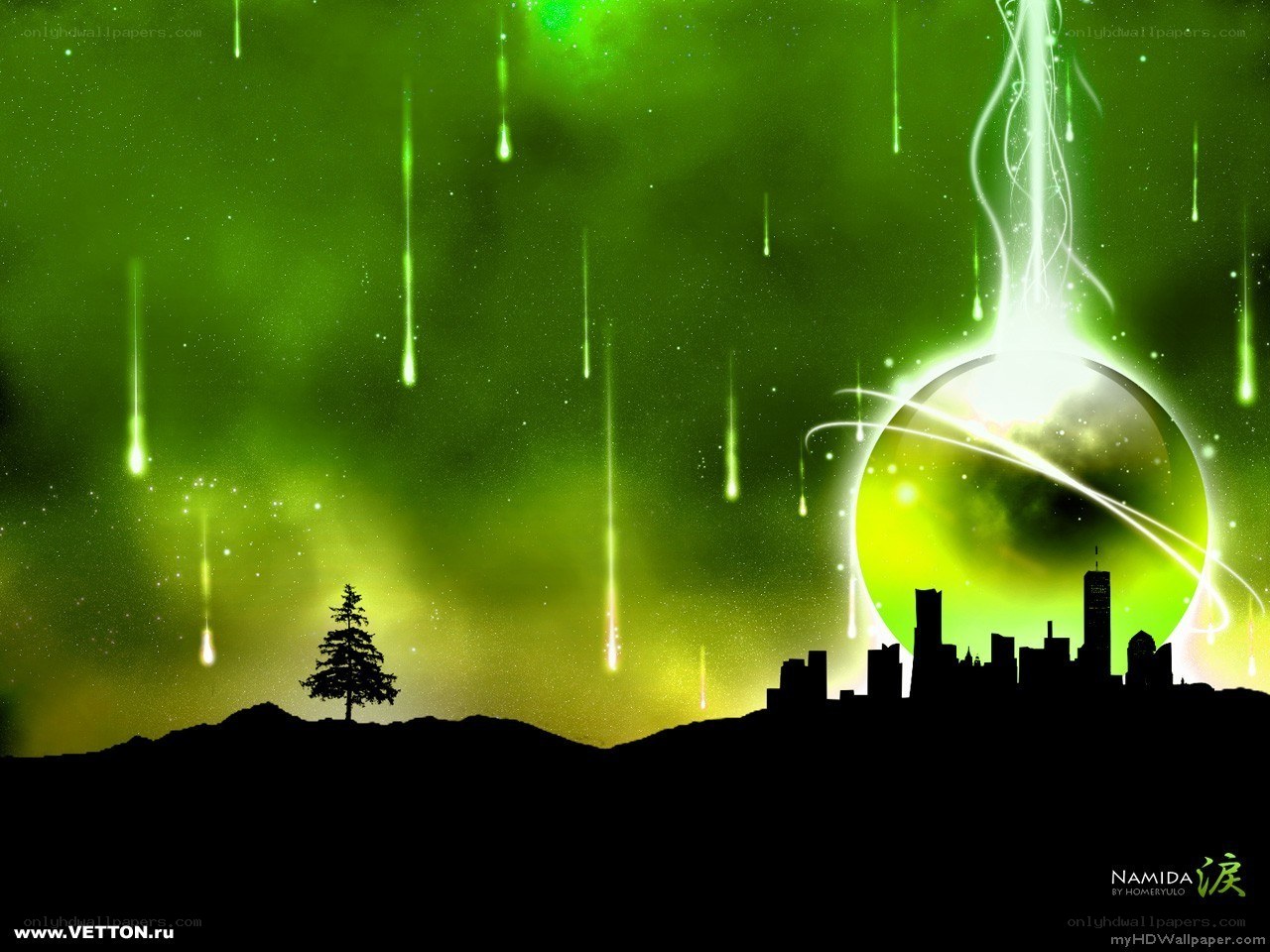 green meteor shower over city