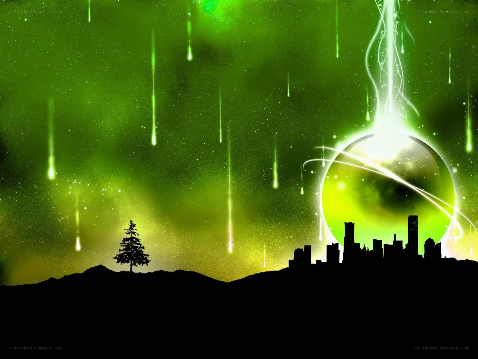 Green meteor shower over city