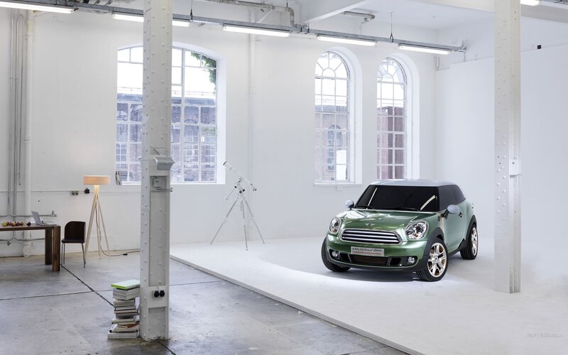 Green MINI car in studio