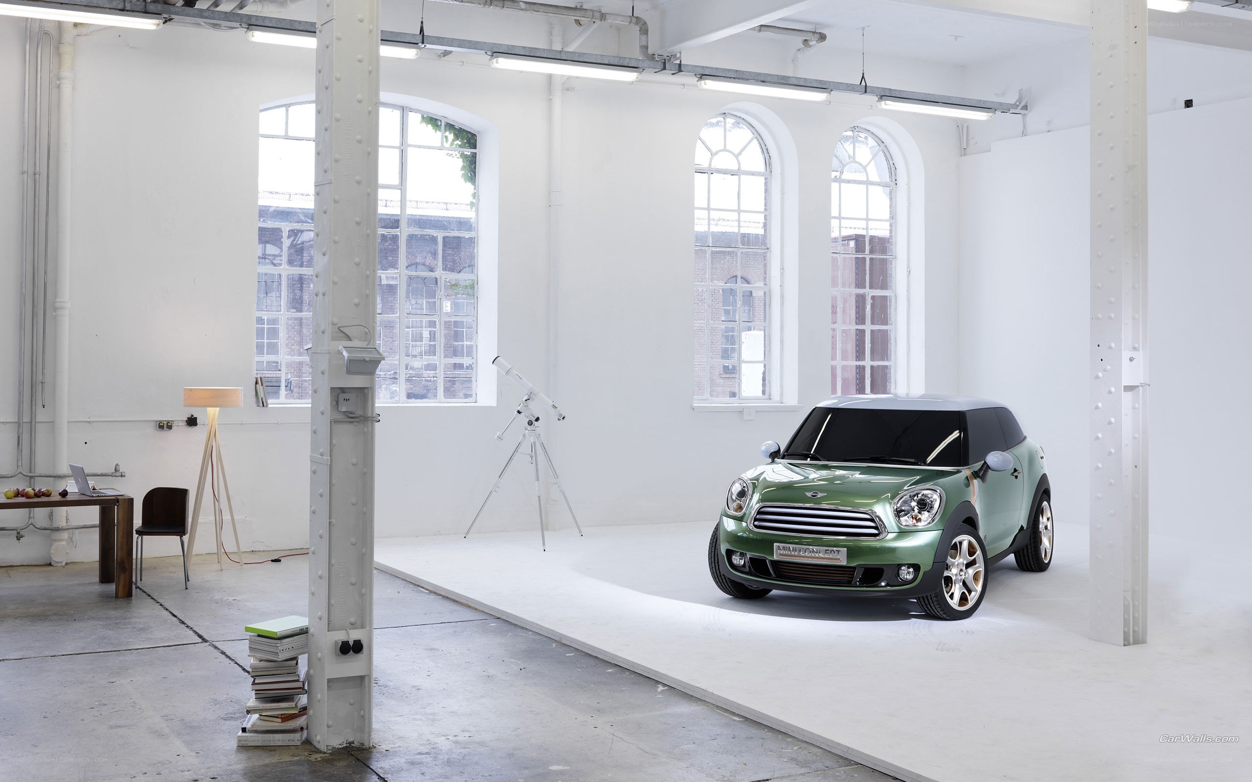 Green MINI car in studio