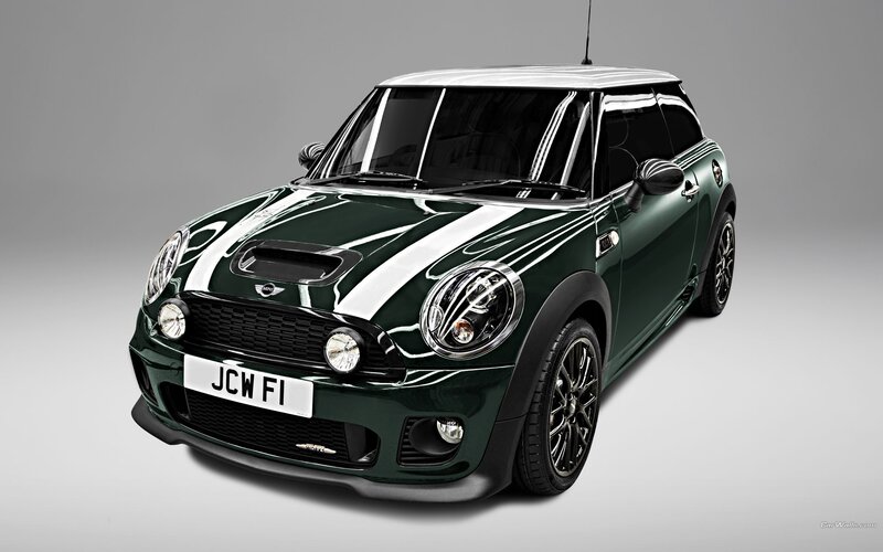 green mini cooper with white stripes