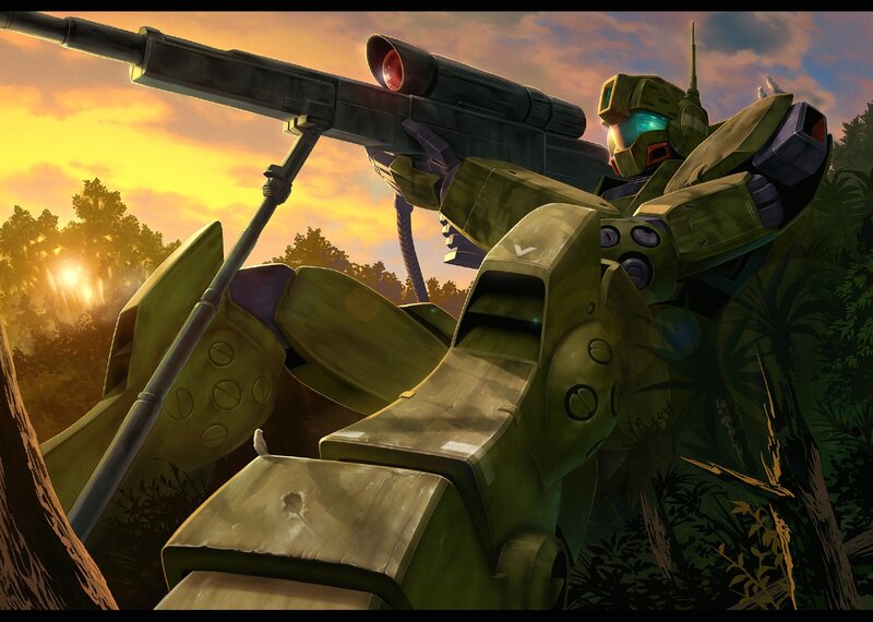 Green Mobile Suit — Dramatic, Sunset, Digital Art