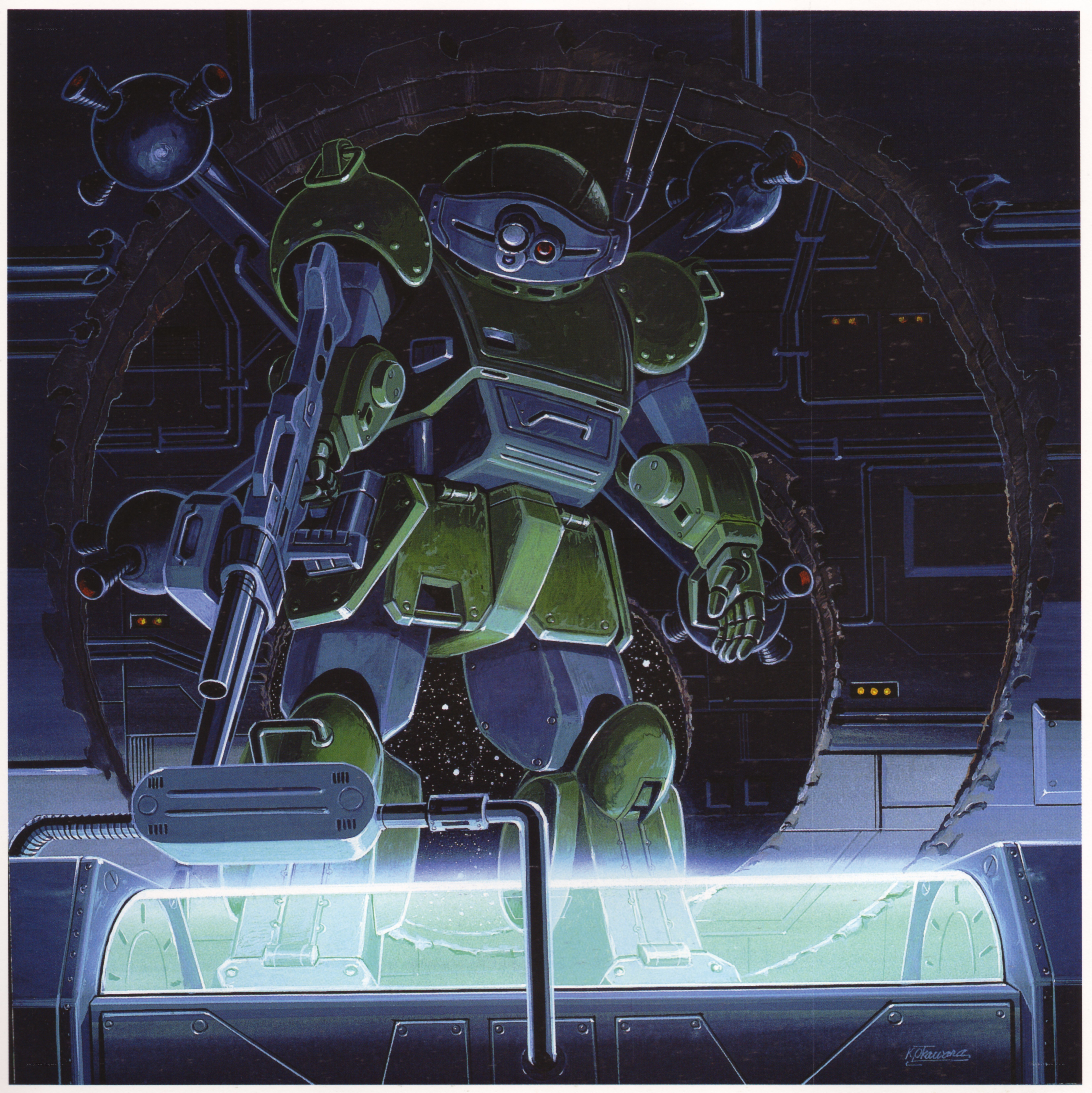 Green mobile suit in hangar