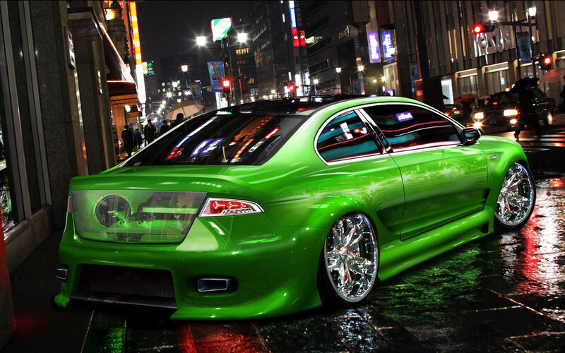 Green Modified Car — Dramatic, Night