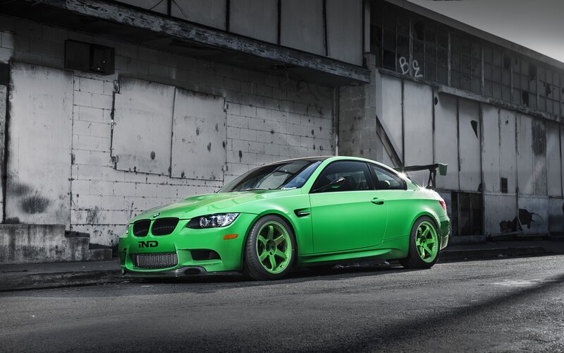 Green Modified Car — Dramatic, Photograph, Building