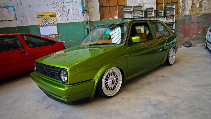 Green modified Volkswagen hatchback