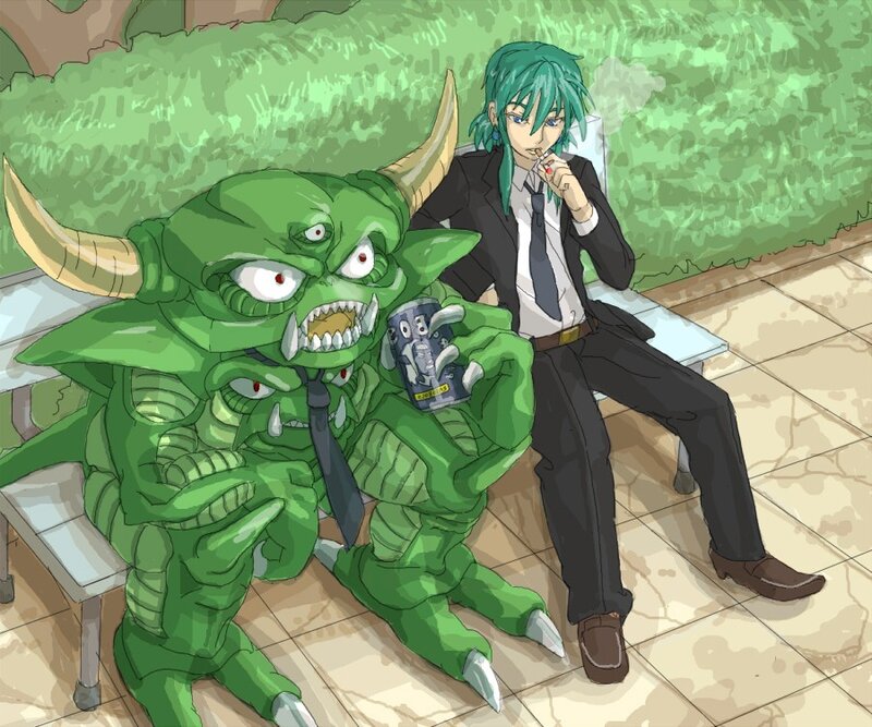 Green monster and man on bench
