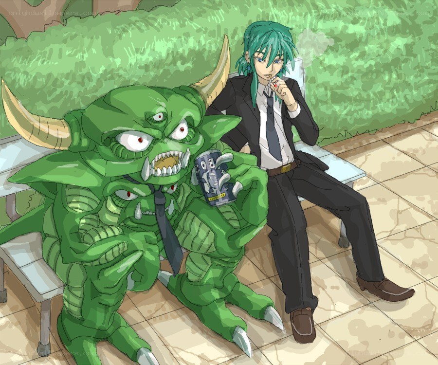 Green monster and man on bench