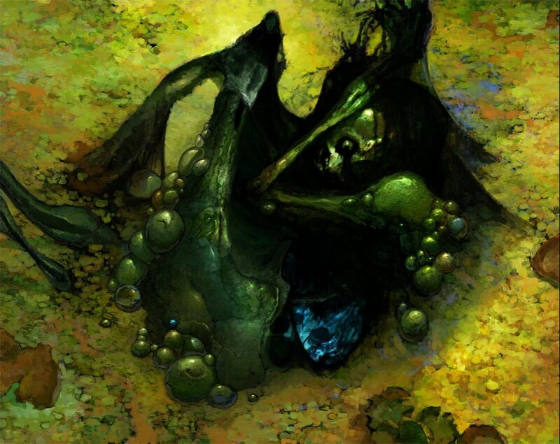 Green Monster Creature — Dark, Digital Art, Bubbles