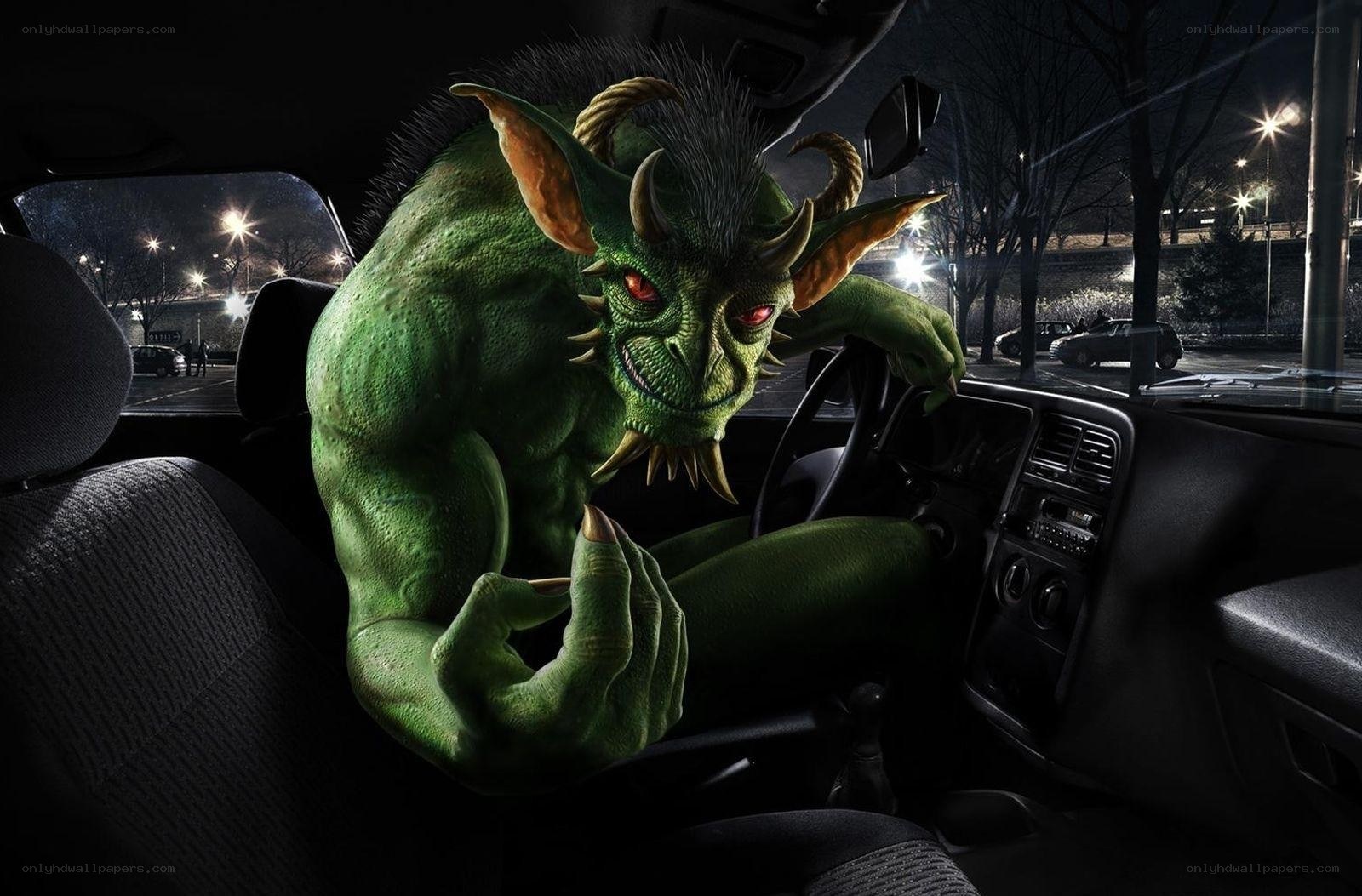 green monster in car at night