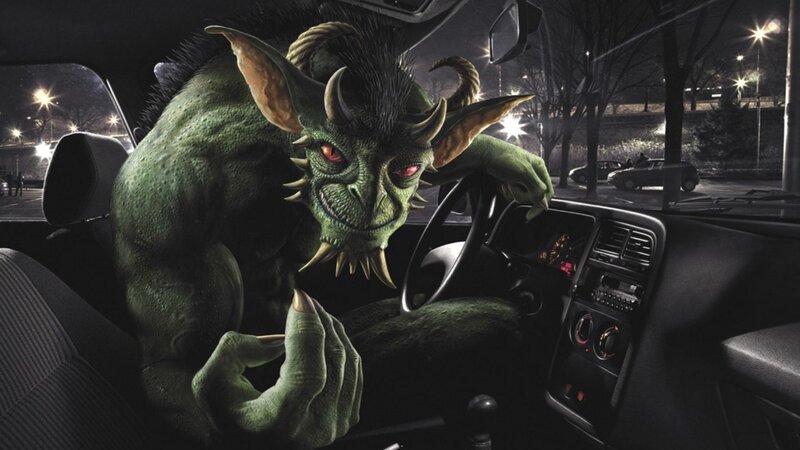 green monster in car at night