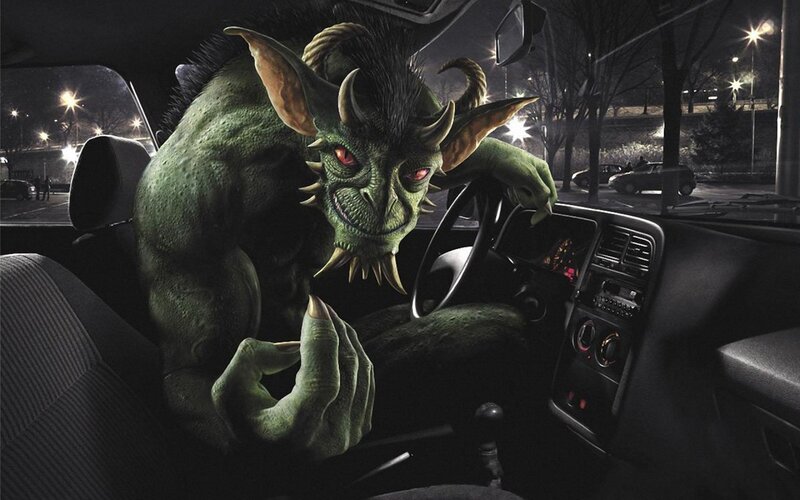 green monster in car at night