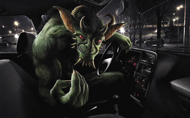 Green Monster in Car — Dramatic, Night, Digital Art, Car Interior, Steering Wheel, Black