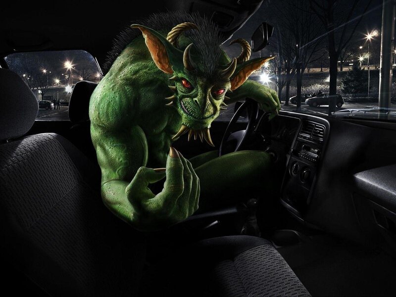 Green Monster in Car — Dramatic, Night
