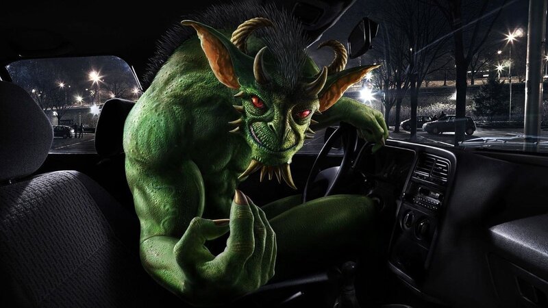 Green Monster in Car — Dramatic
