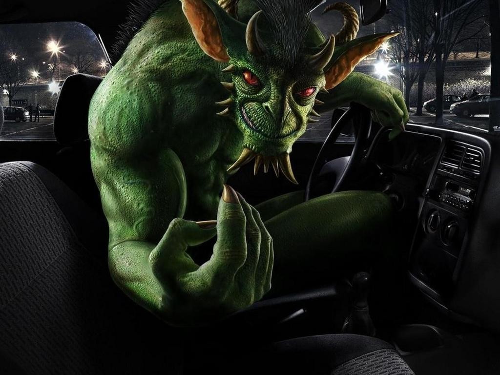 green monster in car