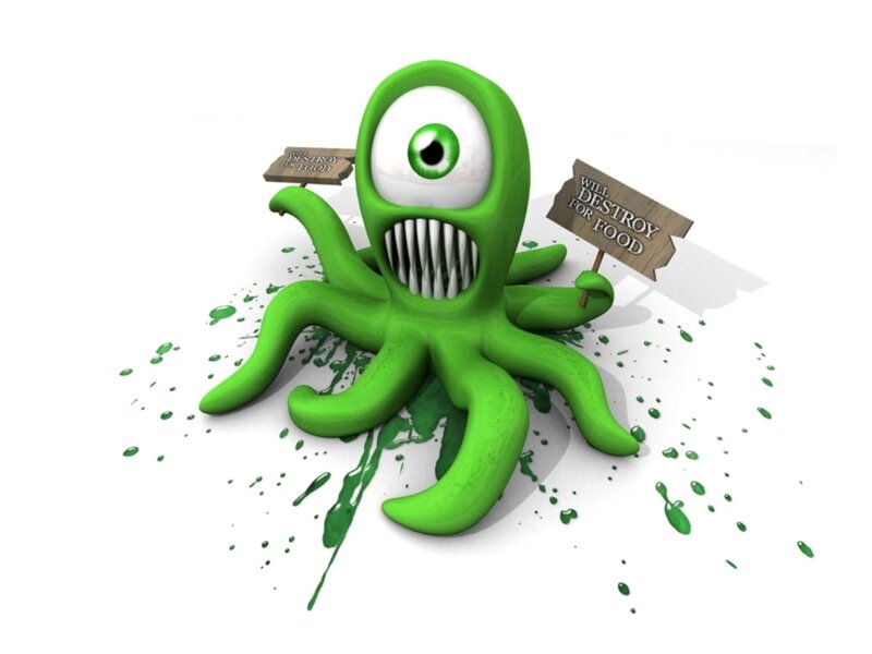 Green monster octopus with signs