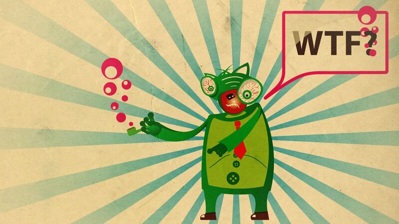 green monster with wtf speech bubble