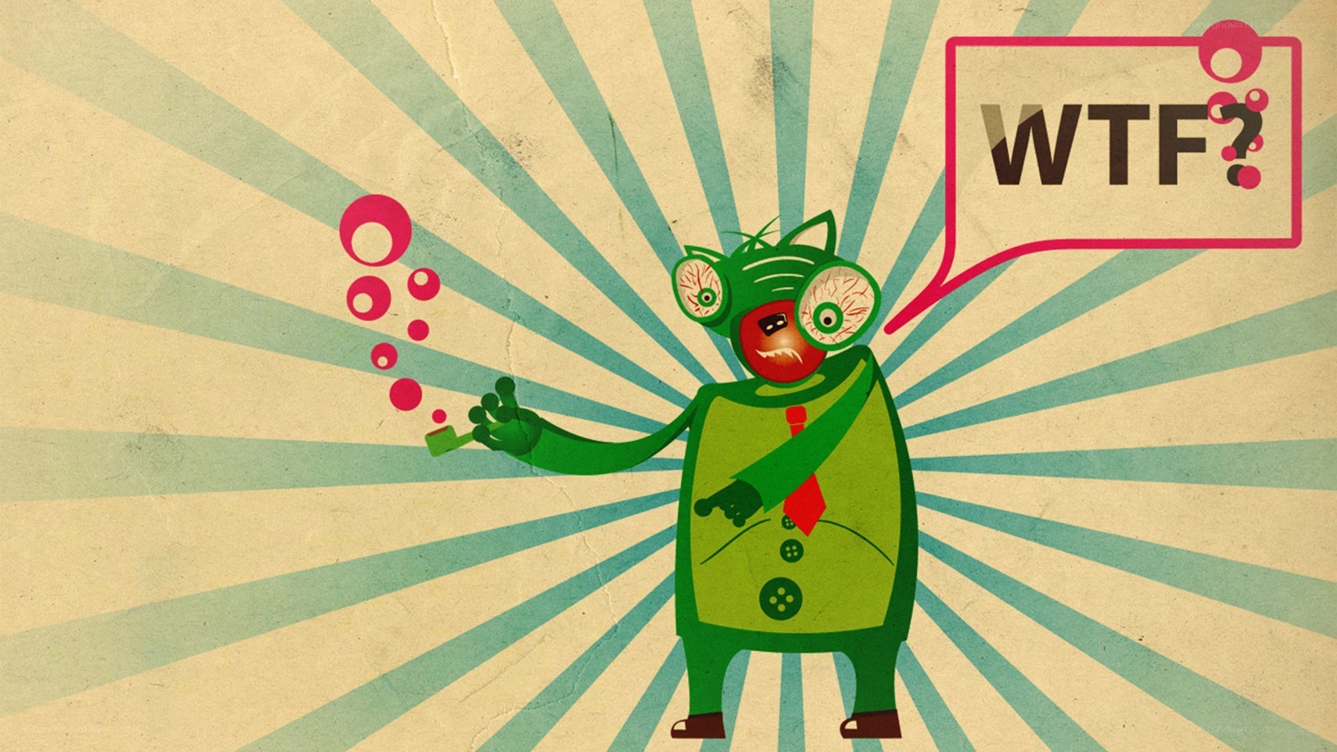 green monster with wtf speech bubble