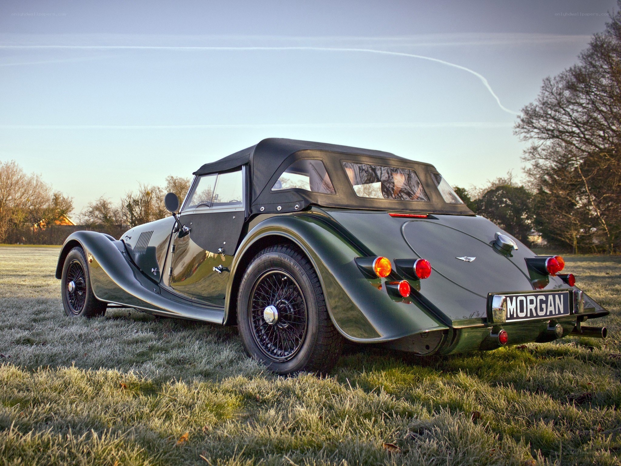 Green Morgan convertible on grass