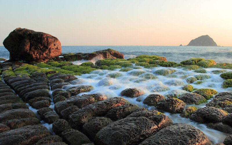 Green Moss-covered Rocks — Serene, Sunset, Photograph, Ocean