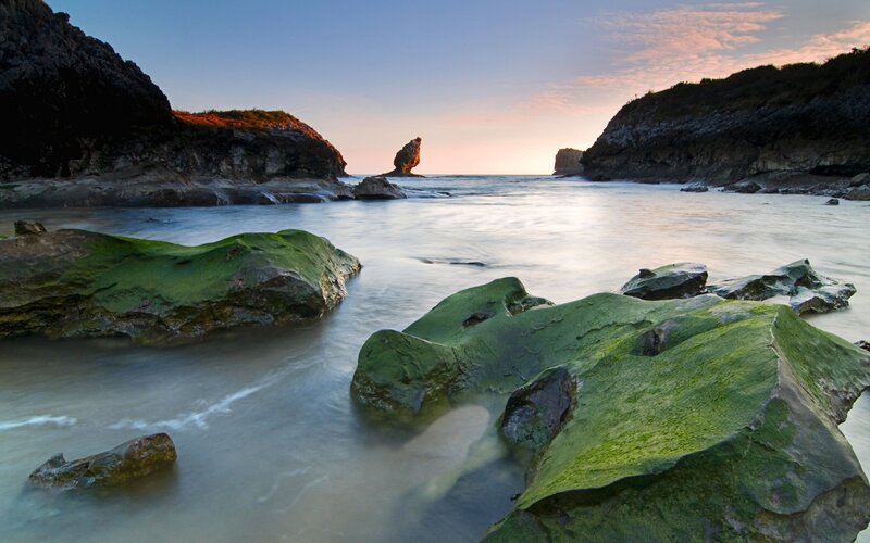 Green Moss-covered Rocks — Serene, Sunset, Photograph, Sea