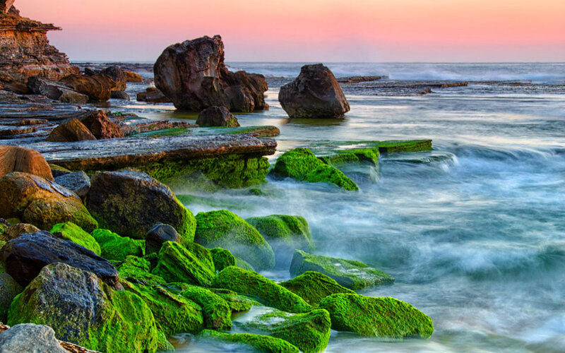 Green Moss-covered Rocks — Serene, Sunset, Photograph