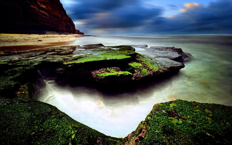 Green Mossy Rocks at Beach