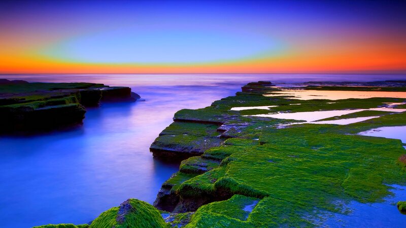 Green Mossy Rocks at Sunset — Blue