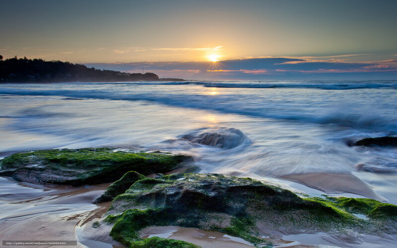 Green Mossy Rocks — Blue, Serene, Sunset, Photograph