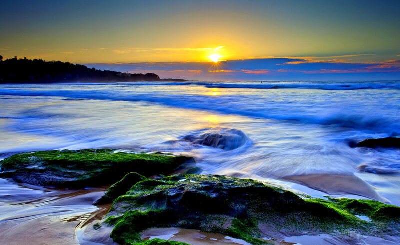 Green Mossy Rocks — Blue, Serene, Sunset