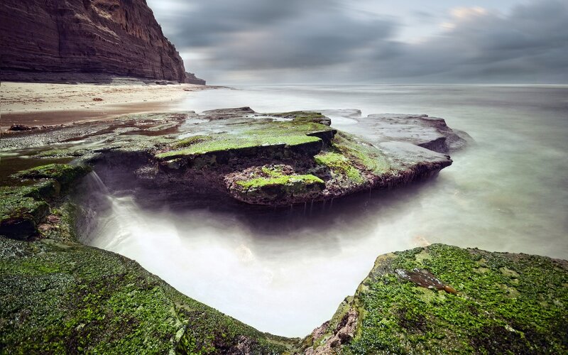 Green Mossy Rocks — Dramatic, Photograph, Ocean