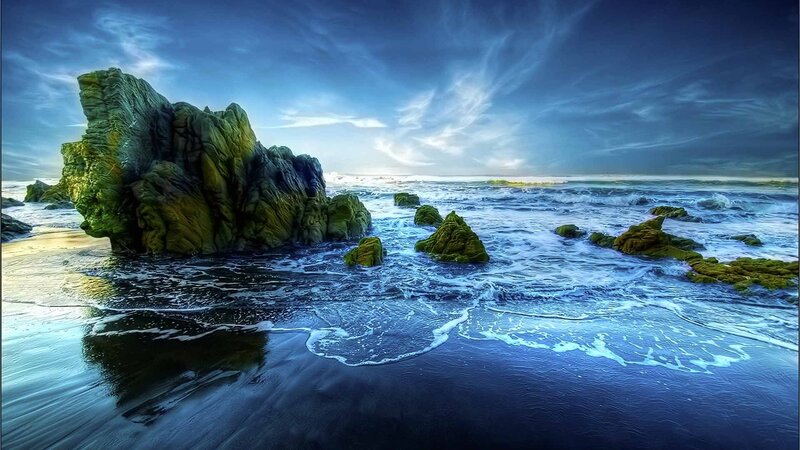 Green Mossy Rocks on Beach — Blue, Dramatic