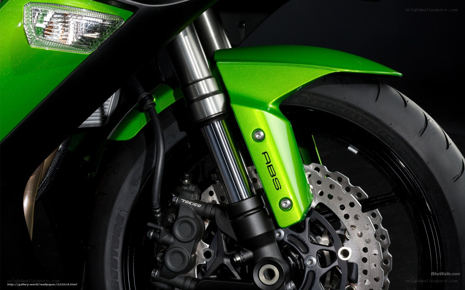 green motorcycle front wheel