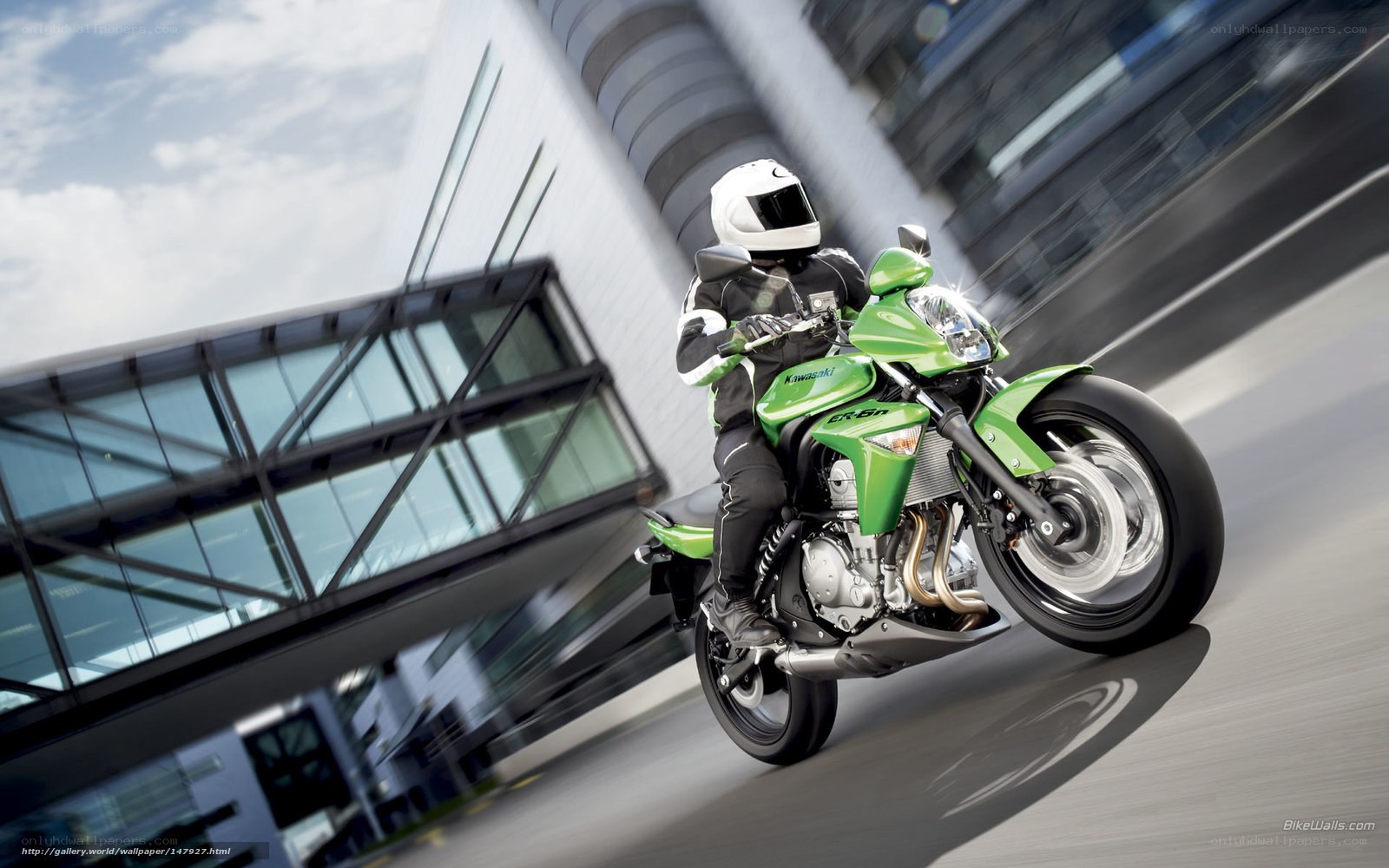 Green motorcycle in city