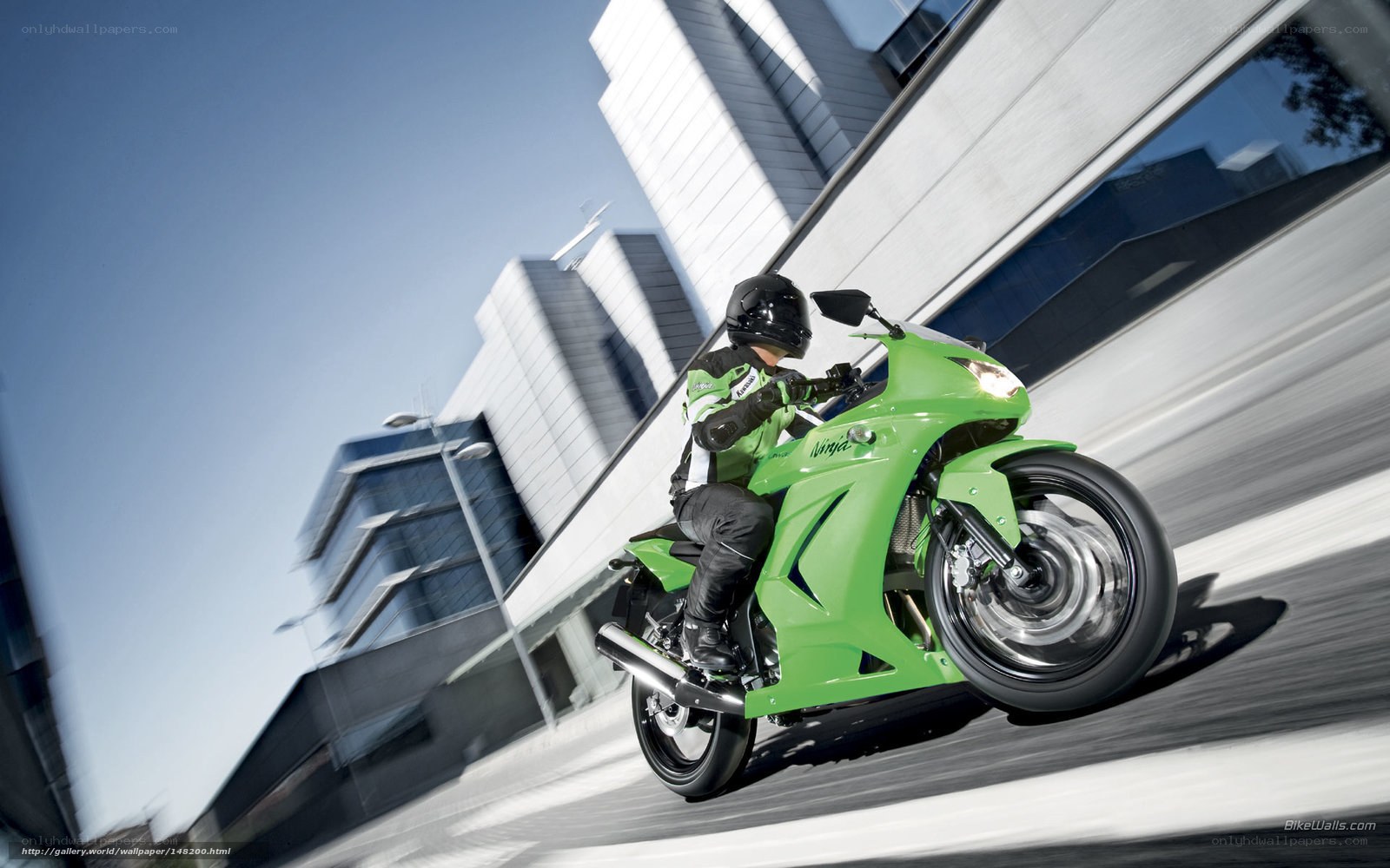 Green motorcycle in city