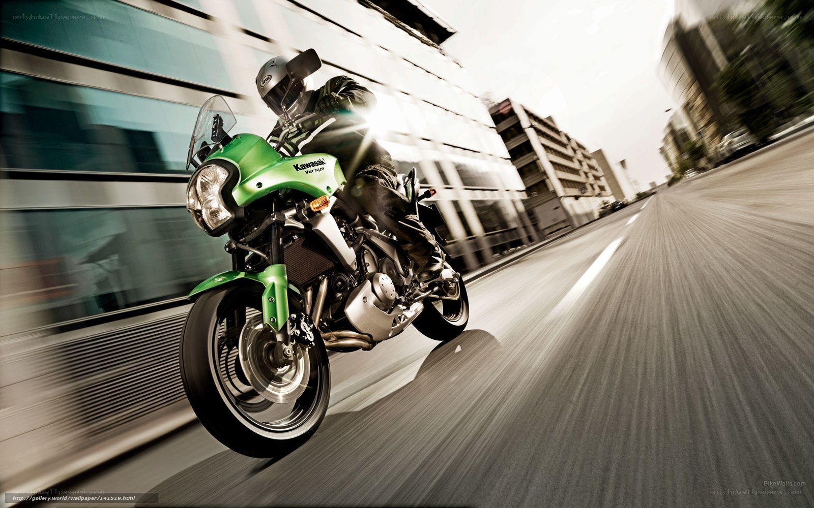 Green motorcycle in city