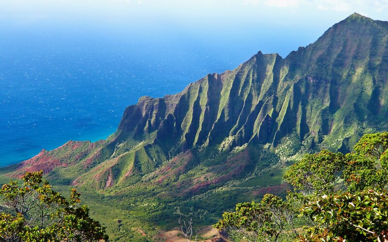 Green Mountain Cliffs — Blue, Serene, Afternoon, Photograph, Ocean, Trees, Sky, Brown