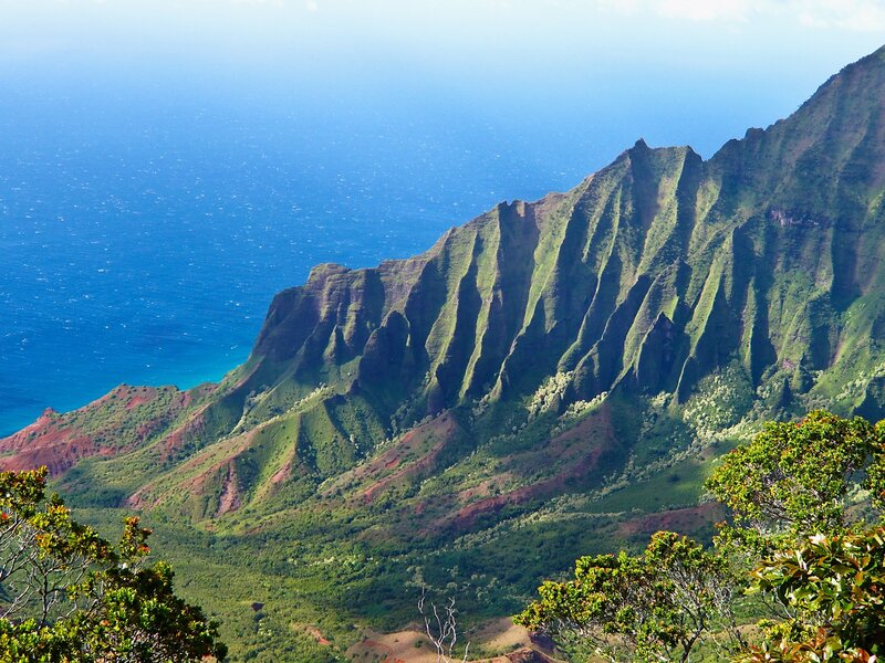 Green Mountain Cliffs — Blue, Serene, Afternoon, Photograph, Ocean, Trees