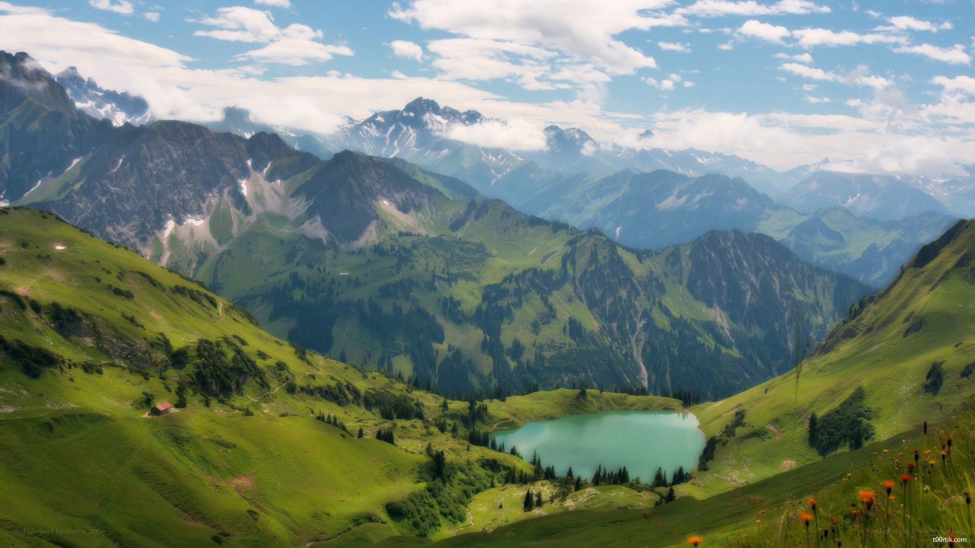 Green mountain lake landscape