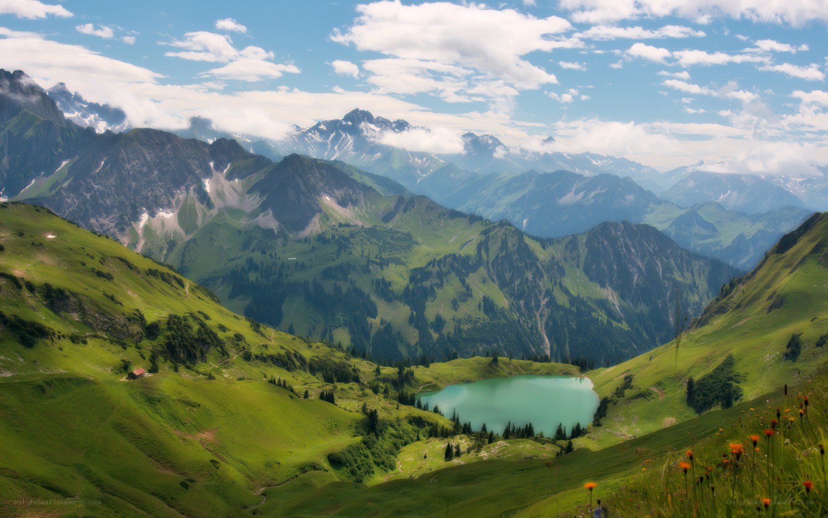 Green mountain lake landscape